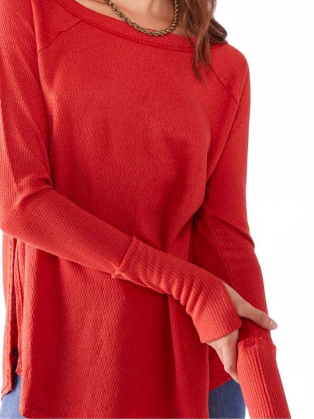 We The Free Coral-Red Waffle Knit Pullover
